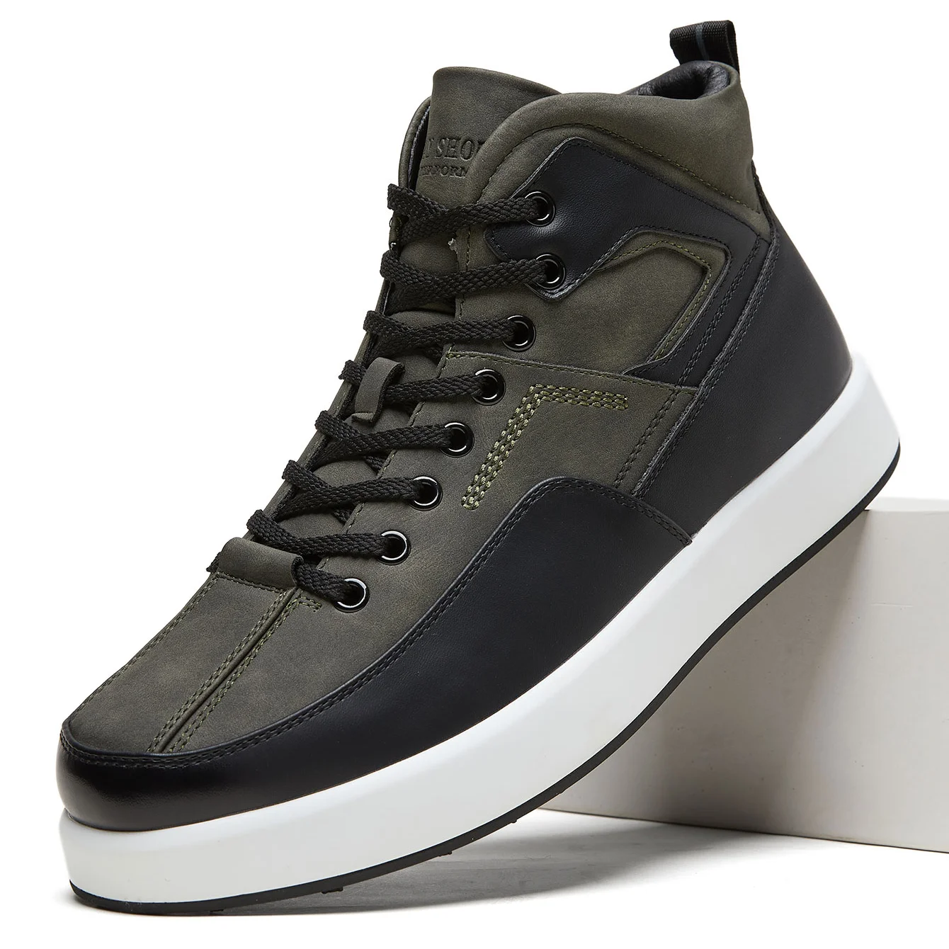 Desai Men's High Top Boots Faux Leather Lace Up Chunky Sole Pull Tab Casual Wide Width Comfortable Stylish Walking Fall Winter