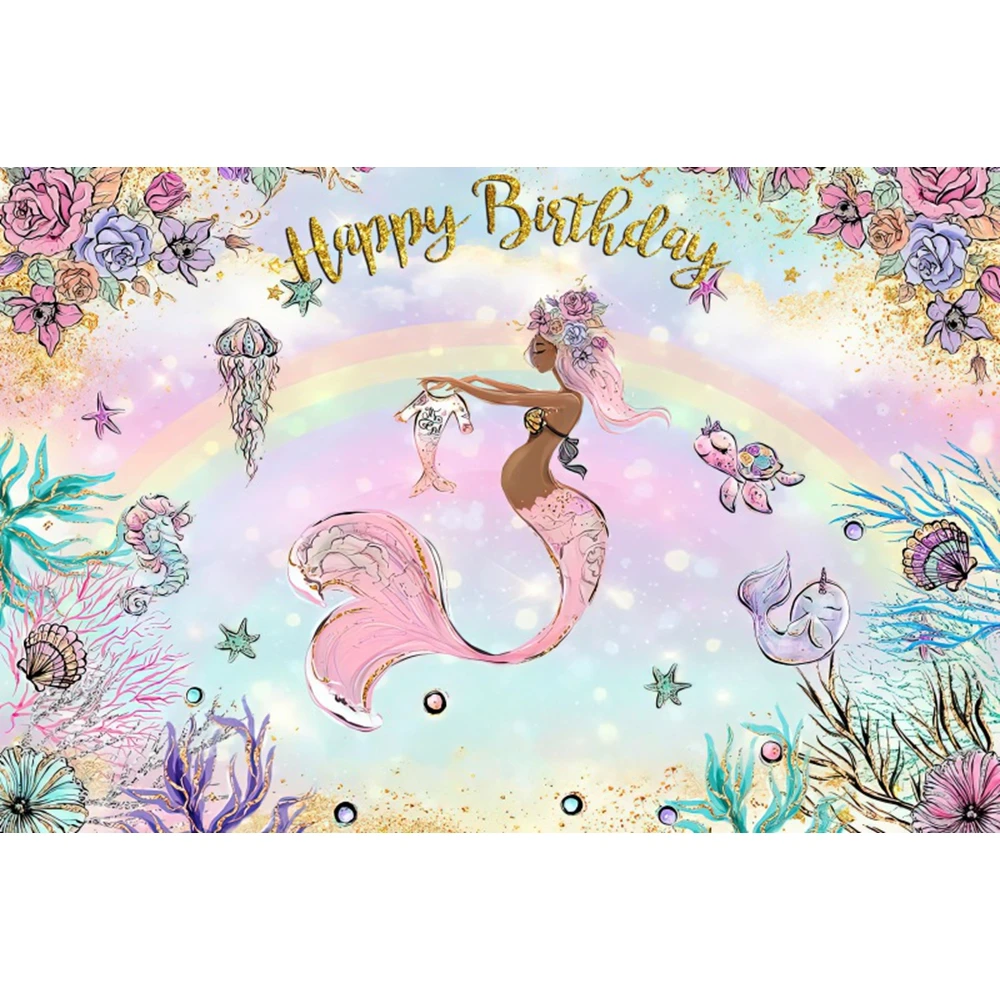 Mermaid Birthday Party Backdrop for Girls Seabed Scales Shell Tail Princess Baby Shower Photography Background Decor Photo Props