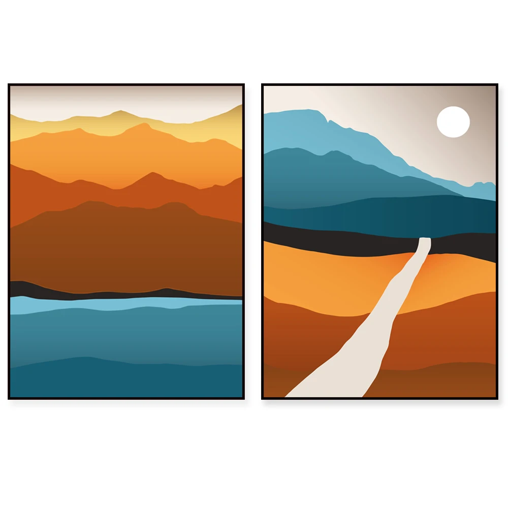 Colorful Mountain Set, Mountain Lake Poster, Warm Colors Nature Art, Abstract Landscape Minimalist Print, Modern River Panorama