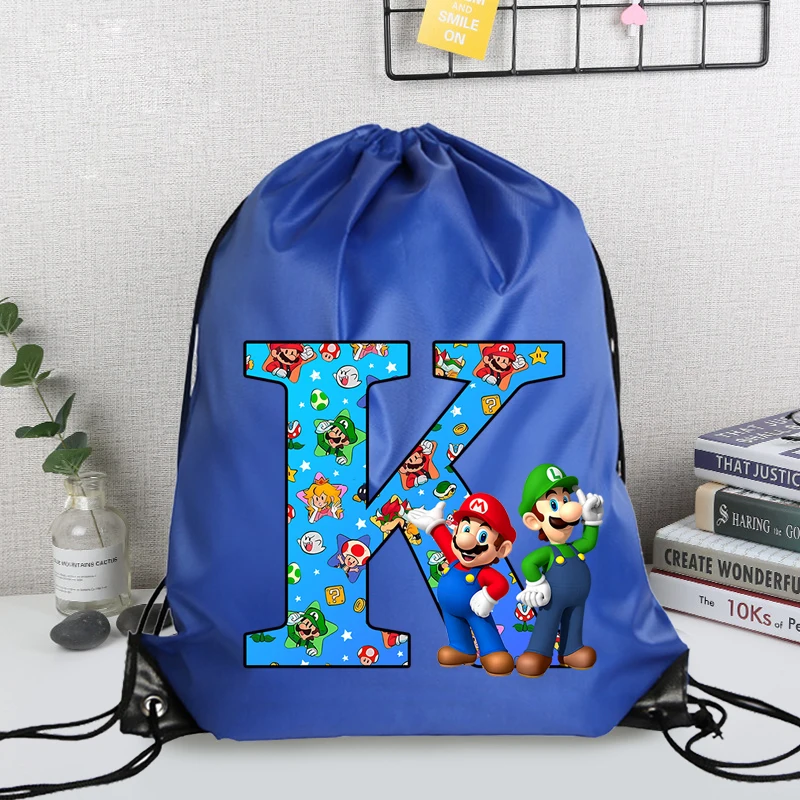 

Super Mario Bro Polyester Drawstring Bag Cartoon Letter Printed Shopping Pouch Men Women Fitness Portable Fashion Storage Bags