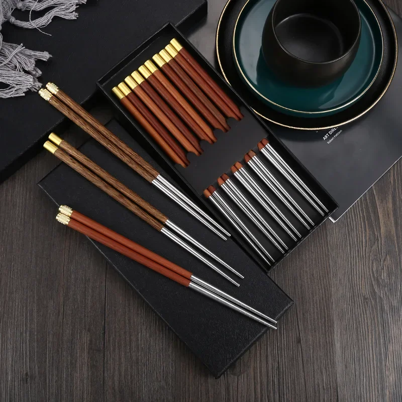 5 Pairs Stainless Steel Japanese Reusable Chopsticks Natural Wood Chopsticks Chinese Set Gift Pack Hashi Sushi Food Sticks