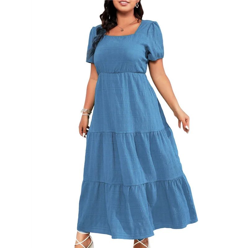 NUOVO-Vestito lungo da donna con scollo quadrato a strati, vestibilità ampia, casual, con schiena smockata, senza maniche, da spiaggia