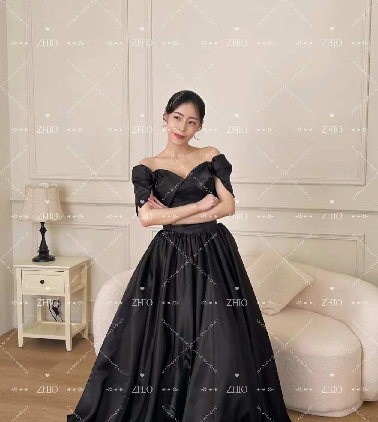 ZHIO Classic Shiny Black Wedding Party Dress Off Shoulder A-Line Korea Photo Shoot Bridal Reception Gown Customized 웨딩드레스