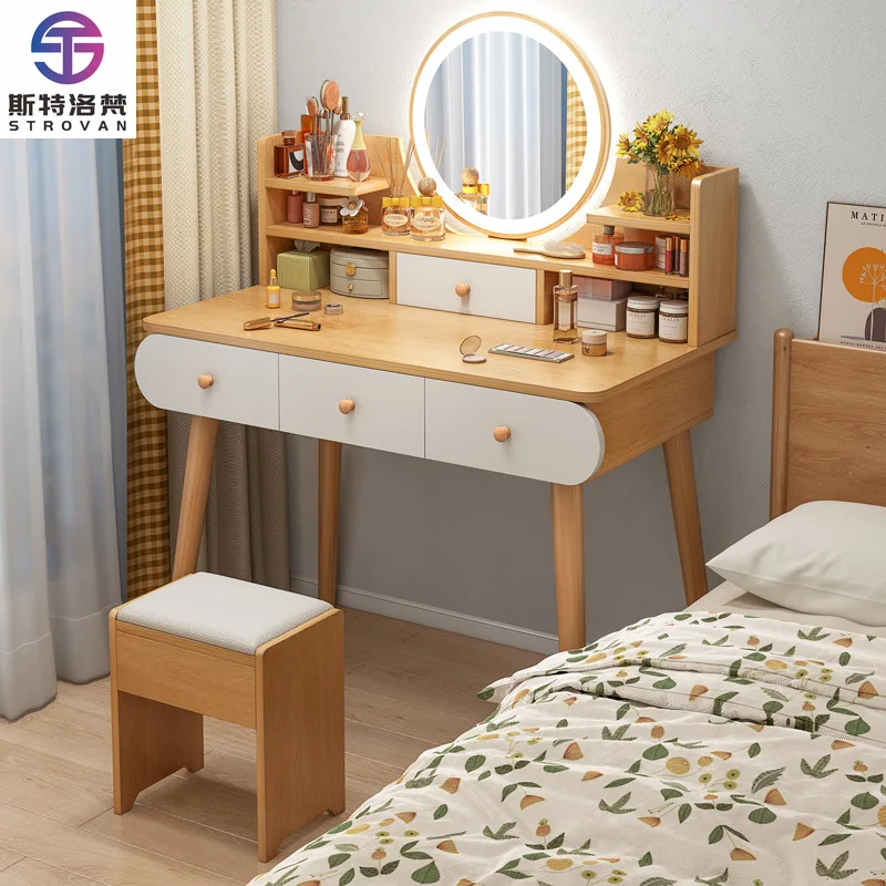 

LED Light Dressing Table Solid Wood Legs Mirror Drawers Cheap Price Makeup Vanities Bedroom Hotel Furniture
