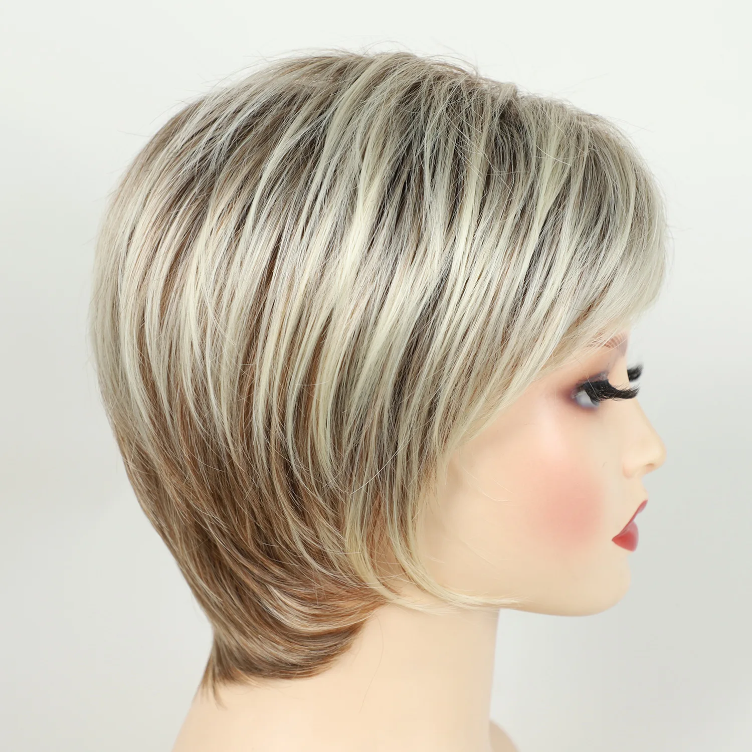 MSWIGS Parrucche da donna a taglio corto Parrucca sintetica bionda con frangia Capelli afro bicolore resistenti al calore marroni Ombre per donna
