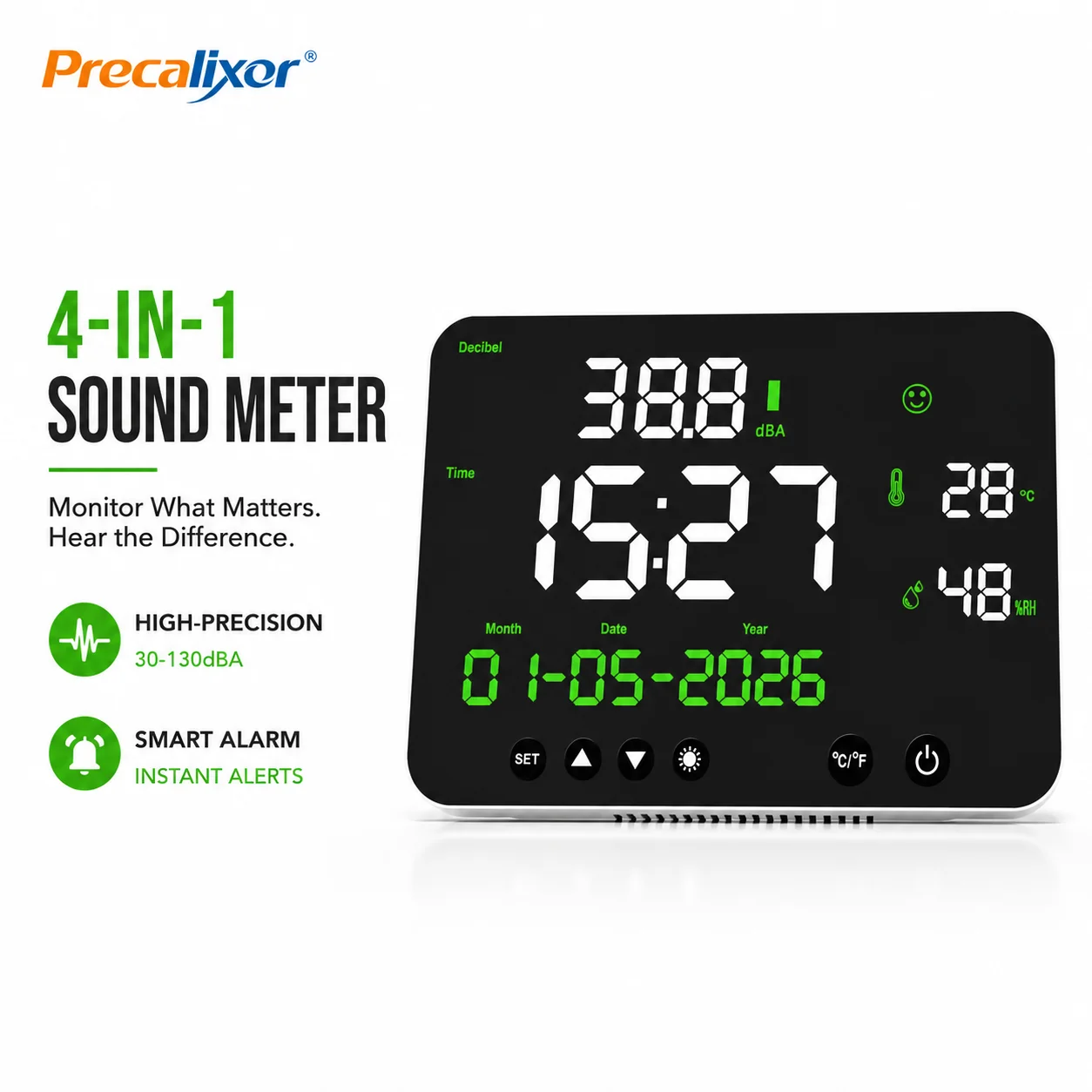 11 Inch Large Display Noise Decibel Meter with Alarm, Wall Mountable Digital Sound Level Tester 30-130dB, Built-in Temp/Humidity