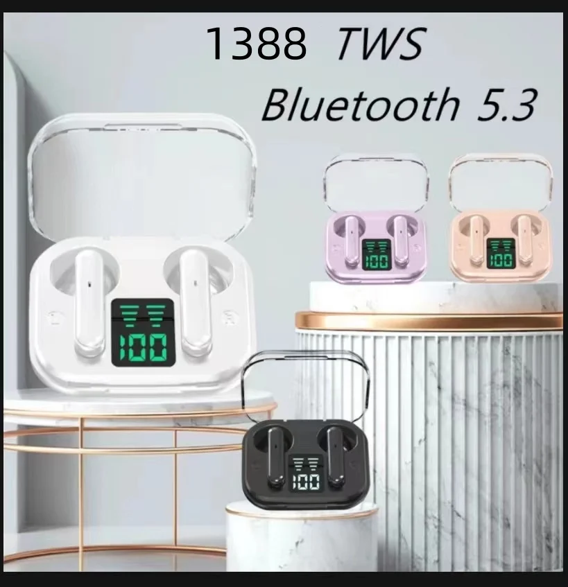 سماعة بلوتوث لاسلكية أصلية 1388 TWS بتصميم شفاف HIFI جودة صوت بلوتوث 5.3 لجميع الهواتف الذكية