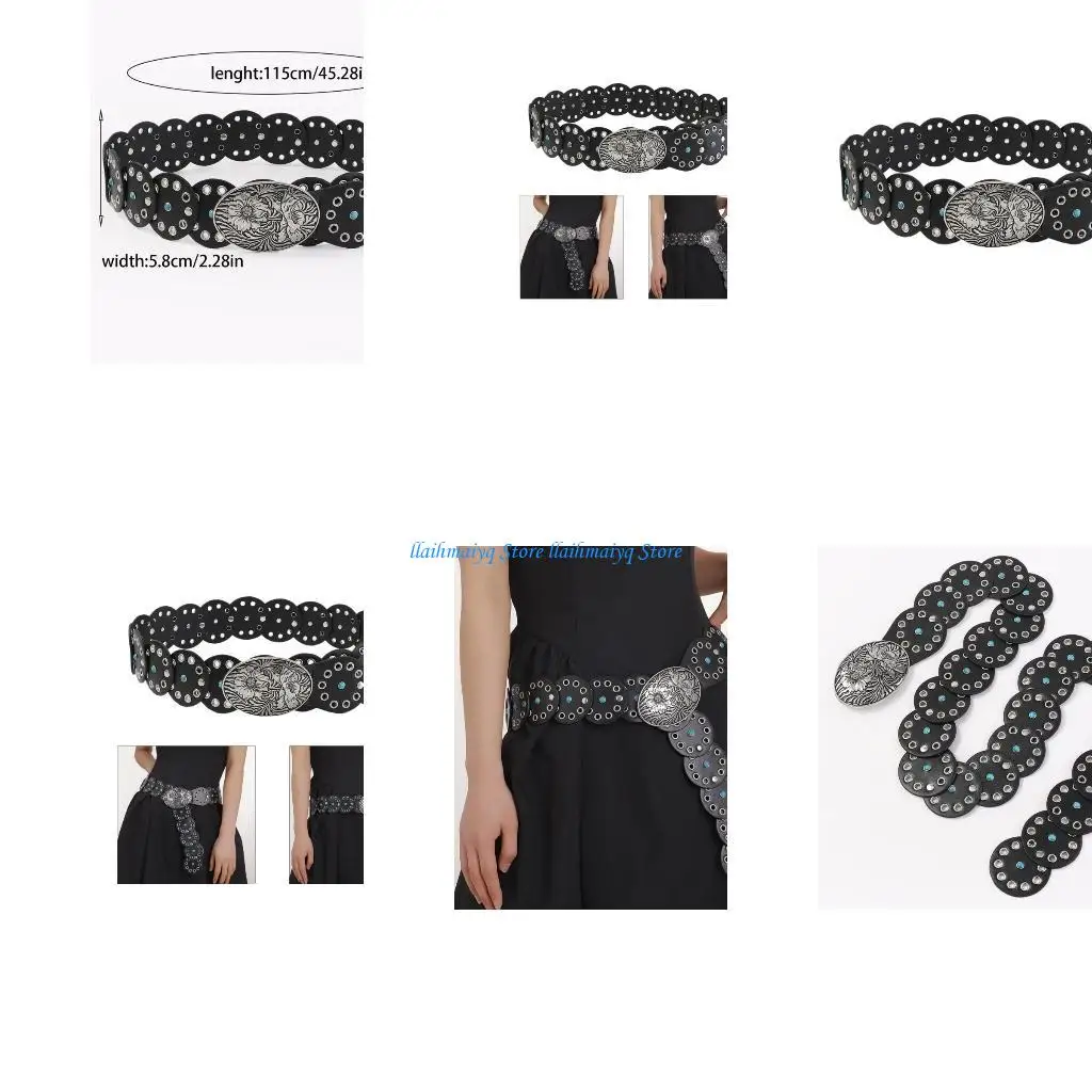 

573B субкультуры пояс с люверсами для женщин пояс из искусственной кожи 2000-х годов полый круглый диск пояс для ковбойский пояс