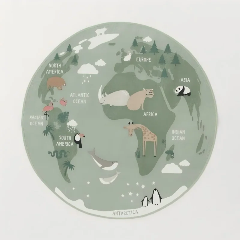 Cute Animals World Map Round Rug Educational Geography Theme Circular Floor Carpet