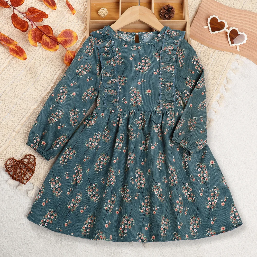 Spring Toddler Girls Corduroy Dress Long Sleeve Round Neck Ruffle Trim A-Line Vintage Style Fall Autumn Outfit