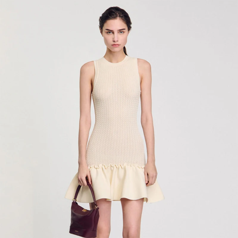Spring Summer New Sle Women's Knitted Vest Dr Splicing Lace Trim A-Line ort Skirt High Waist round Ne Svel