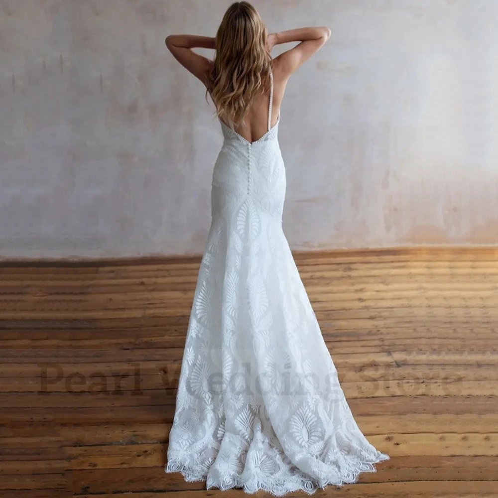 Boho Sheath Floor Length Wedding Dress Spaghetti Straps V-Neck Sexy Open Back Bridal Lace with Sweep Train Marriage Seaside Gown