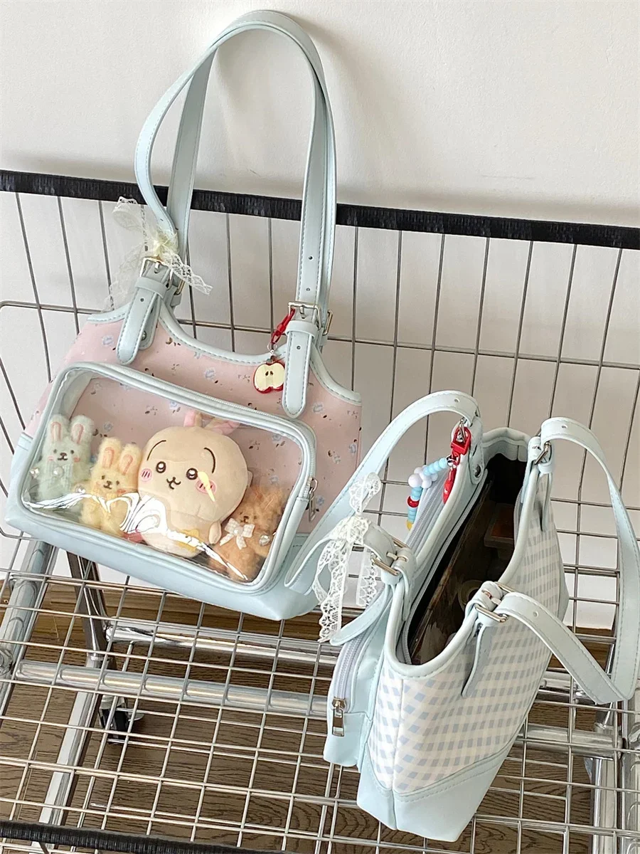 Original Lolita Ladies Handbag Daily Commuter Handbag Shoulder Bag Y2K Blue Plaid Small Capacity Transparent Pain Bag