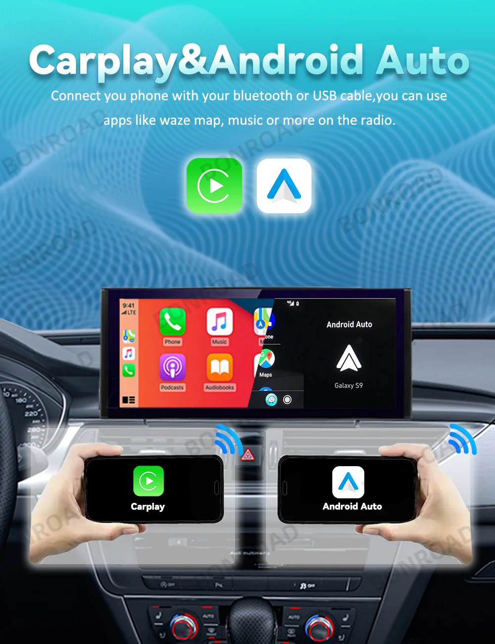 Bonroad 12,3'' Autoradio-Player Multimedia-Bildschirm für Audi A6 C7 A7 2012-2018 Wireless CarPlay Android Auto Airplay AutoLink GPS – Detail 1