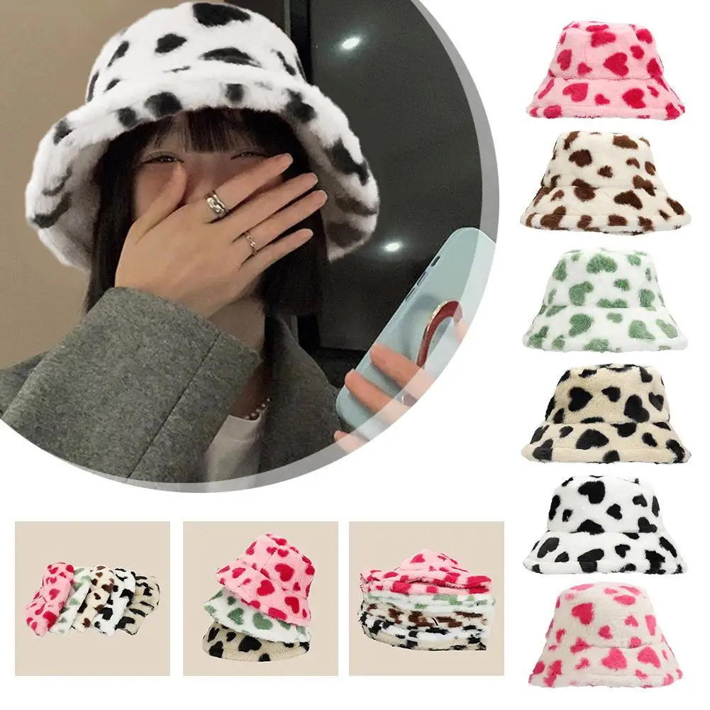 Women's Korean Pink Wool Bucket Hat Thickened Warm Love Heart Basin Hat Ins Caring Plush Fisherman Hat Autumn/Winter