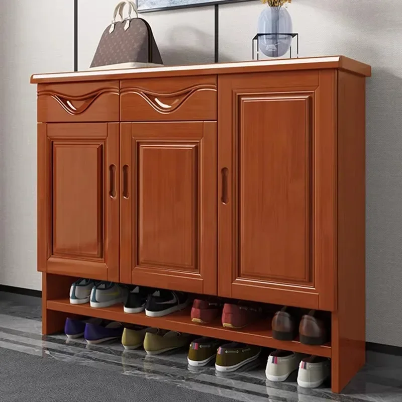 Chinese solid wood shoe cabinet, two, four, four doors, two drawers, large-capacity locker, modern living room entrance storage