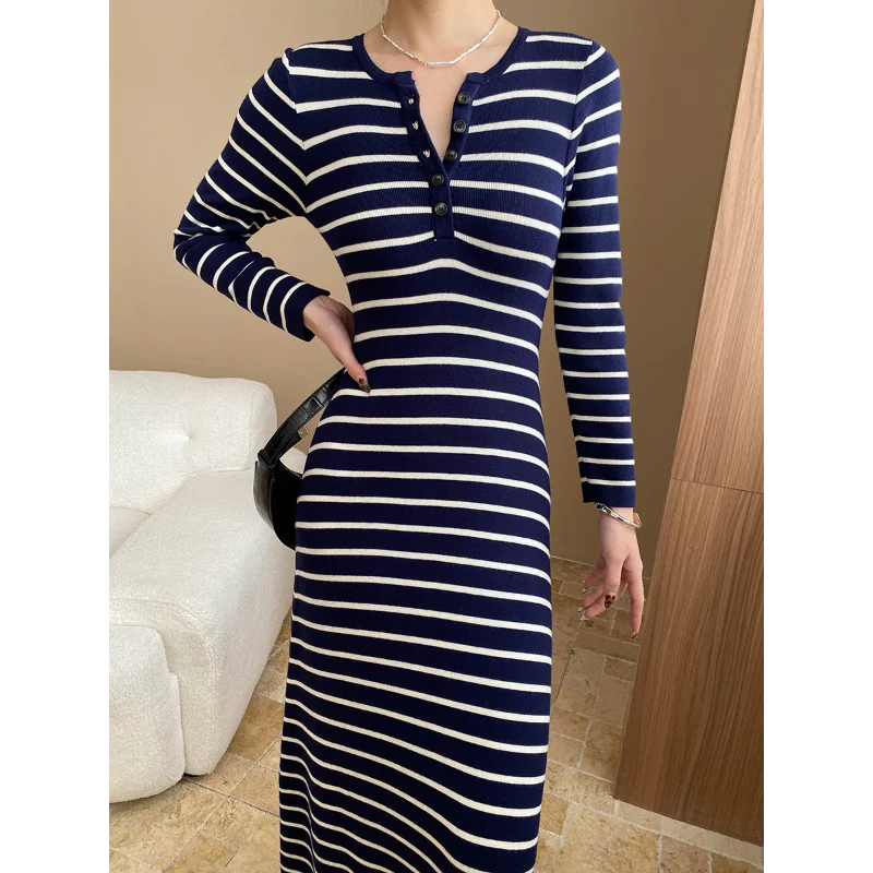 

Women Fashion Casual Slim Stretch Striped Knit Dress Long Sleeve Round Neck Basic French Office Lady Elegant Dress