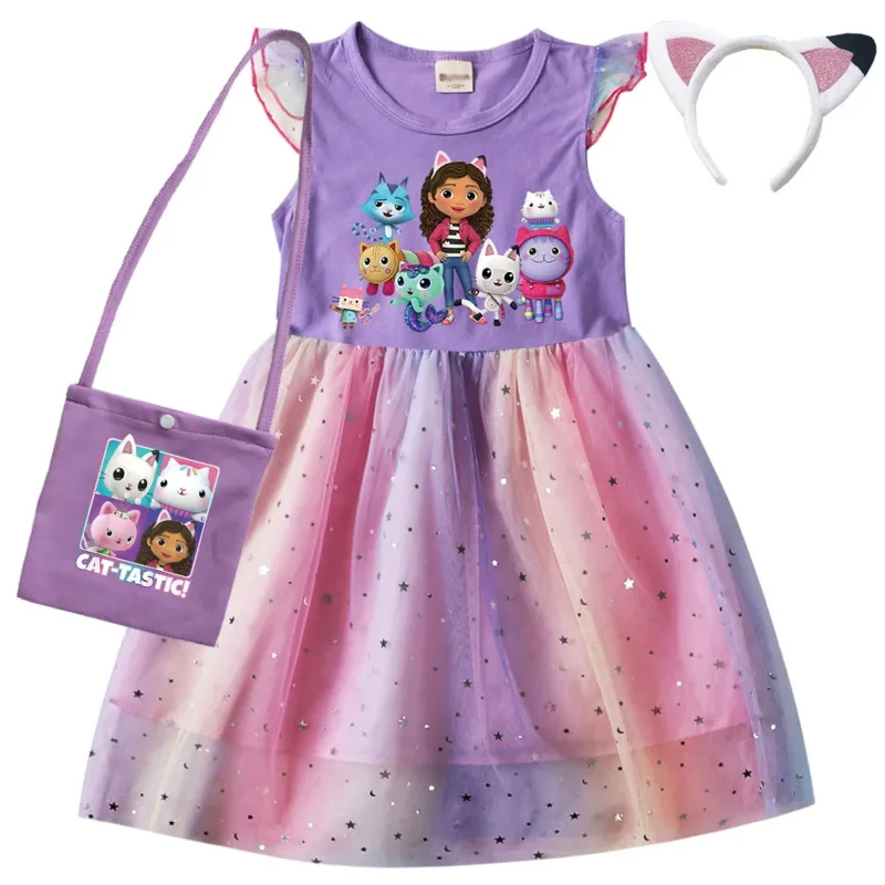 Casa de muñecas de Gabby, vestidos para niñas, ropa de gato Gabby para niños, disfraz de Cosplay, vestido informal con mangas voladoras + diadema + bolsa