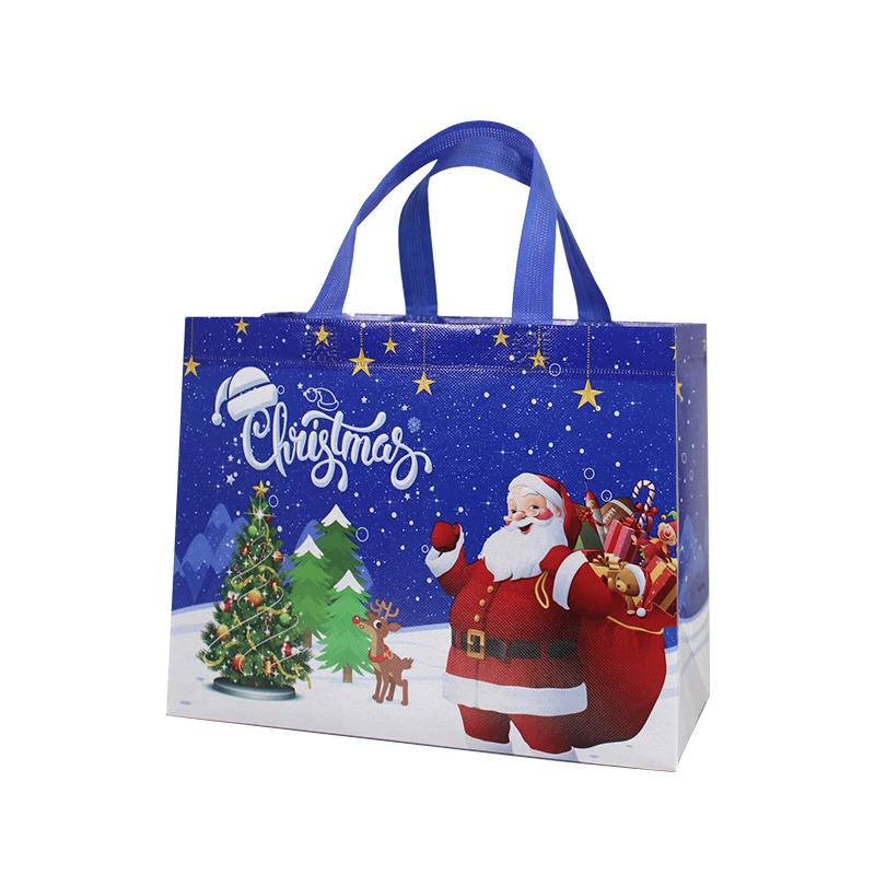Borsa addensata tessuto Non tessuto stampato simpatico cartone animato babbo natale pupazzo di neve colore brillante robusto sacchetto di imballaggio impermeabile
