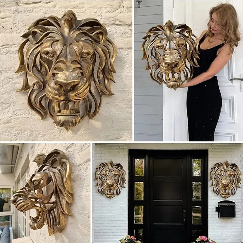 Large Lion Head Wall Mount Sculpture, Gold Resin Wall Decor, Luxury Home Accent for Living Room Bedroom Kitchen, Statement Art