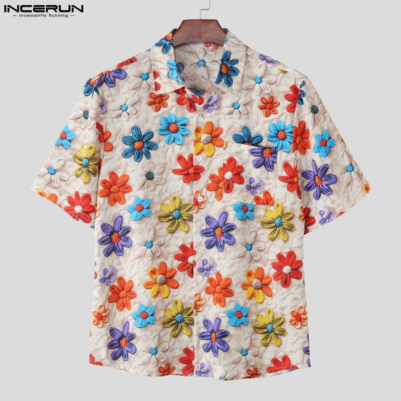 

INCERUN Мужская рубашка с цветочным принтом и лацканами с коротким рукавом, летняя повседневная мужская одежда, уличная одежда, свободные рубашки, модные мужские топы 2025 г.
