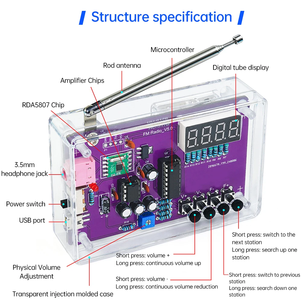 HU-017A/HU-017B Радиокомплект FM87-108 МГц V4.0/V5.0 Фиолетовый электронный комплект «сделай сам» с чехлом DC 3-5 В Зарядка RDA5807S Регулируемое радио