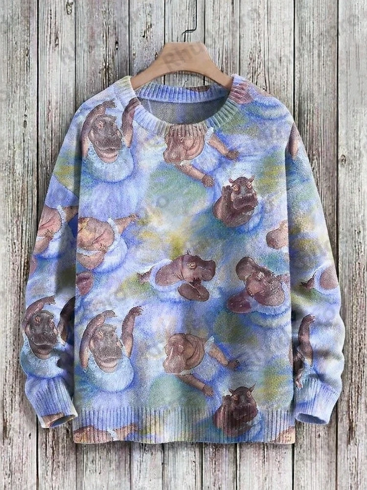 Funny Hippopotamus Watercolor Art Print Knit Pullover Sweater Men's For Women's Pullover Ropa De Hombre