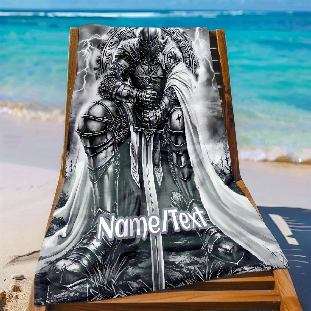 Custom Knight Beach Towel Personalized Name Medieval Armor Microfiber Bath Towels Soft Quick Dry Swimming Pool Lounger