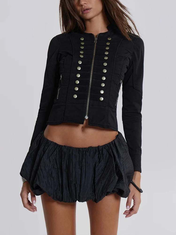 Napoleon Harajuku Retro Style Simple Design Button Decoration Ladies Jacket Slim Personality Fashion Short Zipper Coat