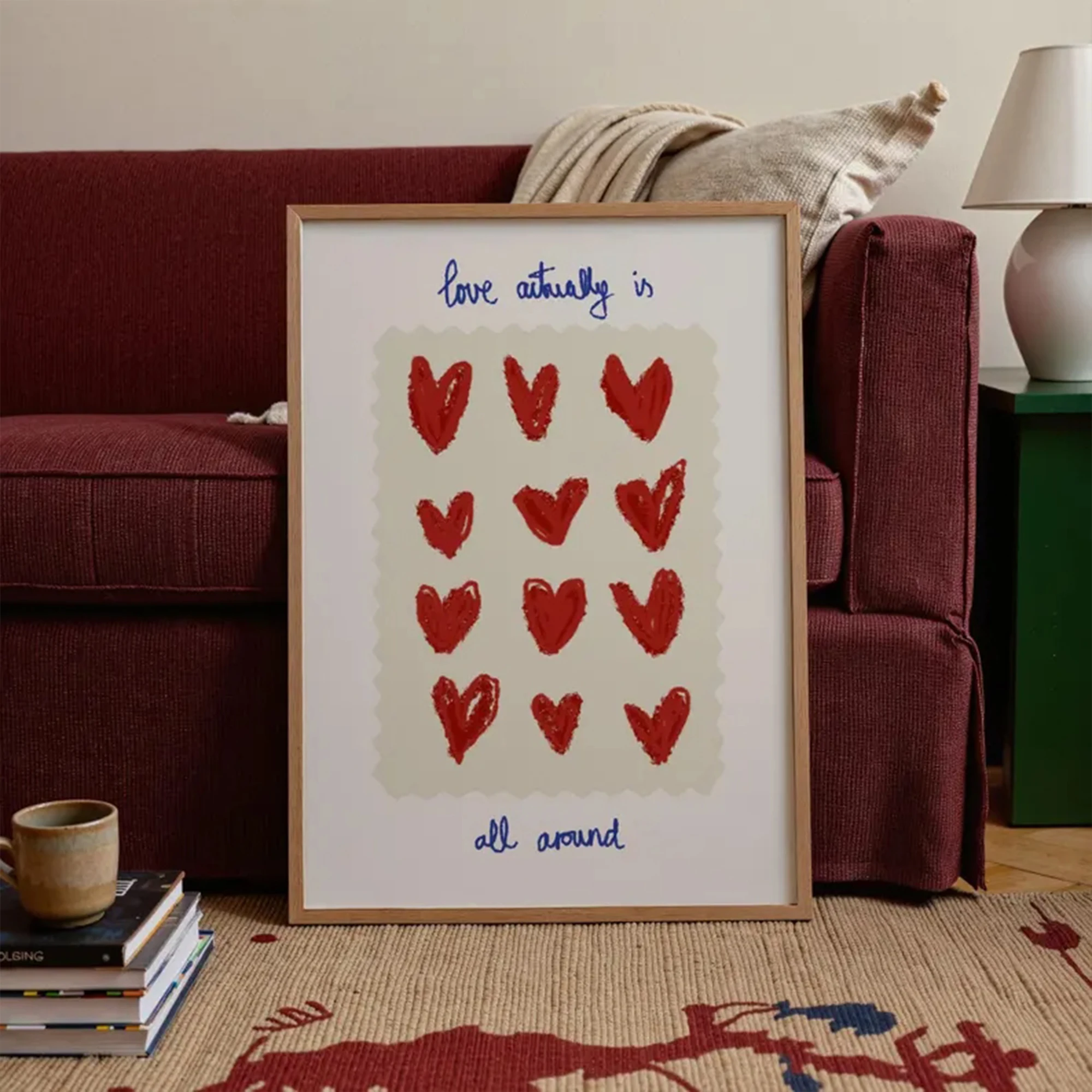 Retro Love Actually Is All Around Scalloped Red Hearts Wall Art Print Canvas Painting Poster Picture For Living Room Home Decor
