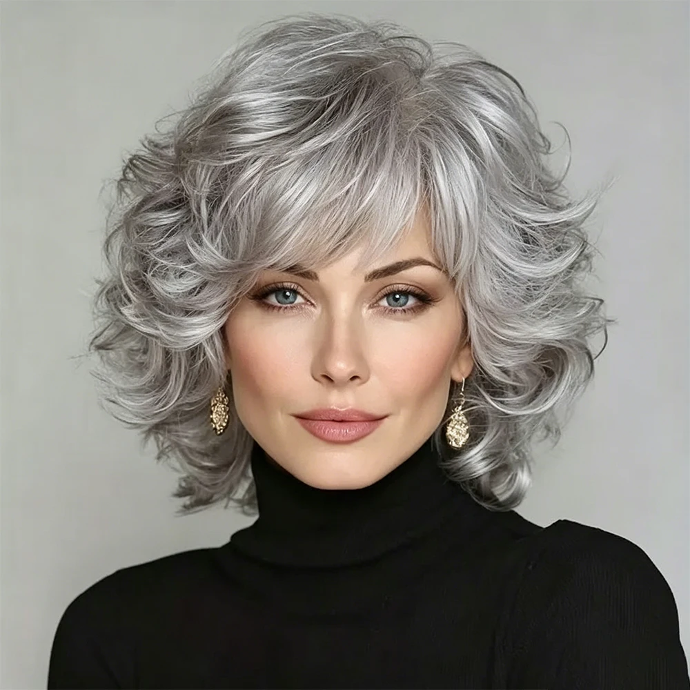 Short Curly Grey Old Lady Synthetic Wig for Elderly Senior Women, Fluffy Voluminous Natural Matte Grey Grandma Wig