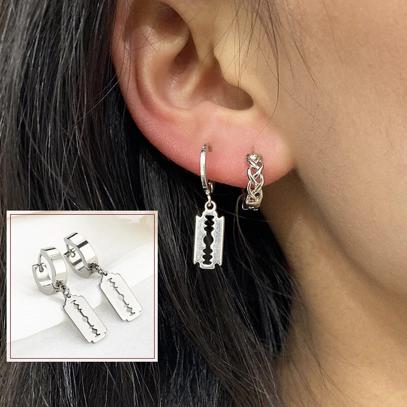 1Pair Punk Gothic Stainless Steel Stud Earring Creative Blade Pendant punk rock razor blade earrings Gothic Hip-hop Ear Jewelry