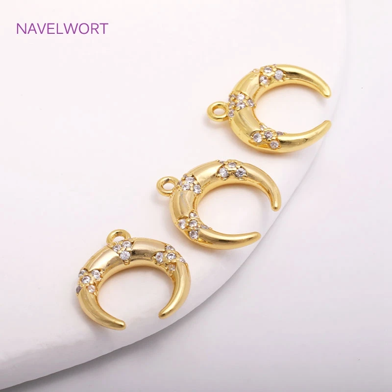 2022 Trendy 14K Gold Plating Inverted Crescent Moon Charm Brass Metal Inlaid Zircon C Shape Pendants For Earring Making Findings