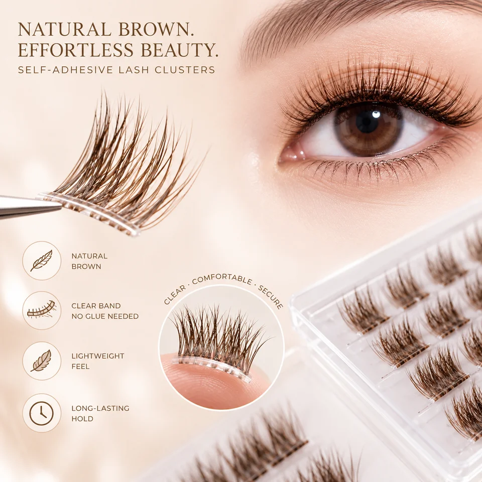 Rizos de pestañas autoadhesivos color marrón, sin necesidad de pegamento, 60 piezas, extensiones de pestañas autoadhesivas con curva C natural, 5
