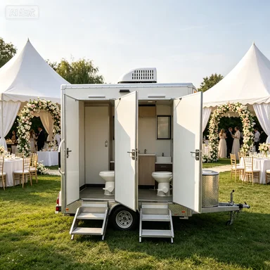 ：Premium 2 Stall Towable Mobile Restroom Trailer With Rooftop Air Conditioner Aluminum Steps For Summer Outdoor Wedding Event