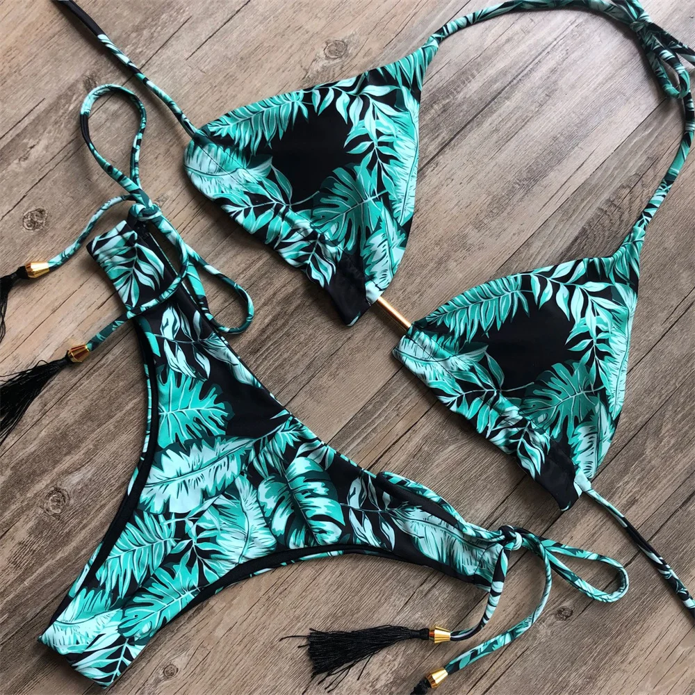 Leaves Print Bikini Tassels Strappy Swimsuit Backless Halter Swimwear Two Piece Trend Women Beach Bathing Suit Bikinis Thong Set