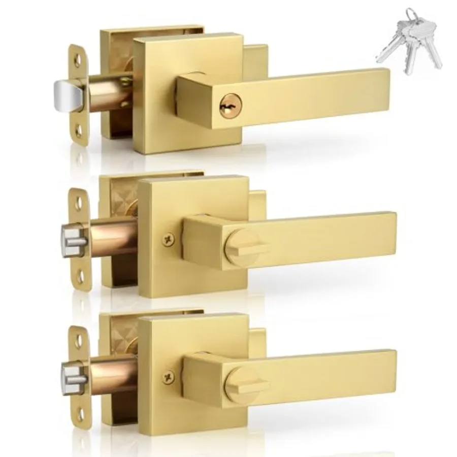 

Gold Door Handles with Lock and Key, Brushed Gold Interior Exterior Door Handles, Heavy Duty Square Gold Door Levers for Bedroo