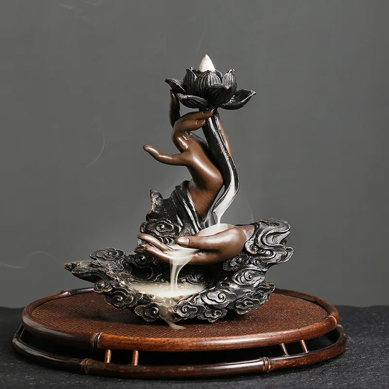 Resin Lotus-Buddha Backflow Incense Burner – Hand-Cast Zen Teapot Design, Sandalwood Waterfall Smoke，Creative Desktop Home Décor