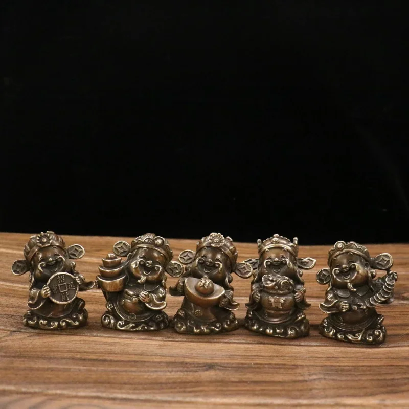Brass Five-Way God of Wealth Small Figurine Cartoon Antique Collectible Car Home Desktop Ornament Bronze Sculpture Craft