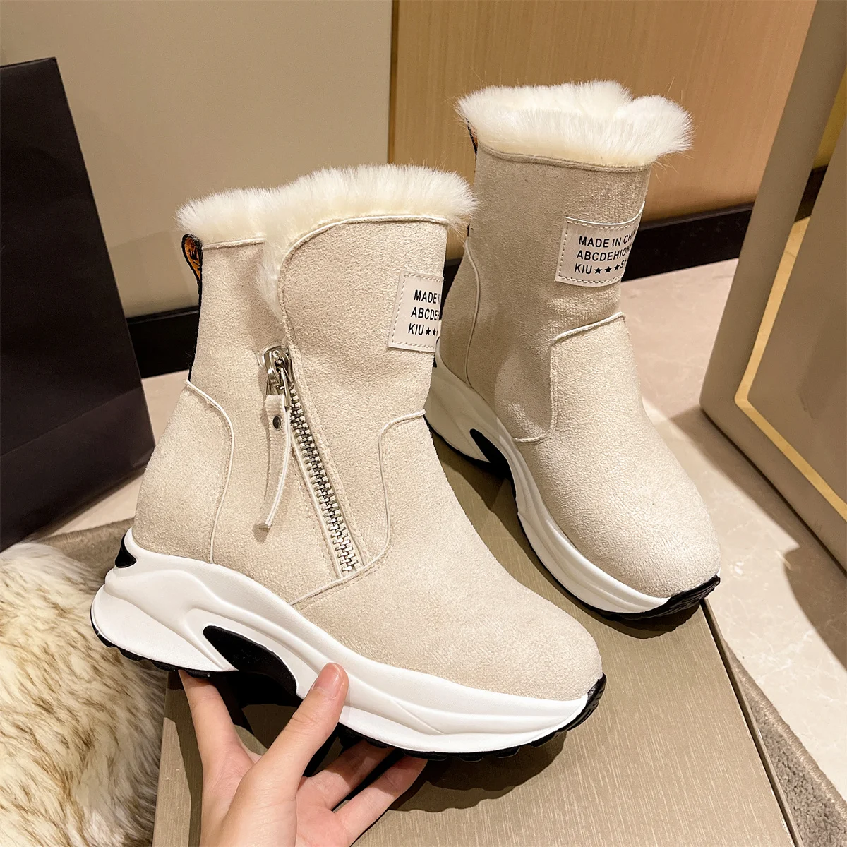 Women Ankle Boots Warm Plus Fleece Thick Sole Winter Women Snow Boots Fashion Side Zipper Wedge Outdoor Sneakers Botas Mujer