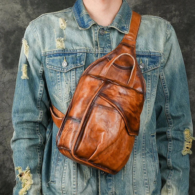 

Sling Bag for Men Vintage Brown Genuine Leather Cowhide Handmade Retro Chest Bag with Adjustable Strap and Multiple Compartments