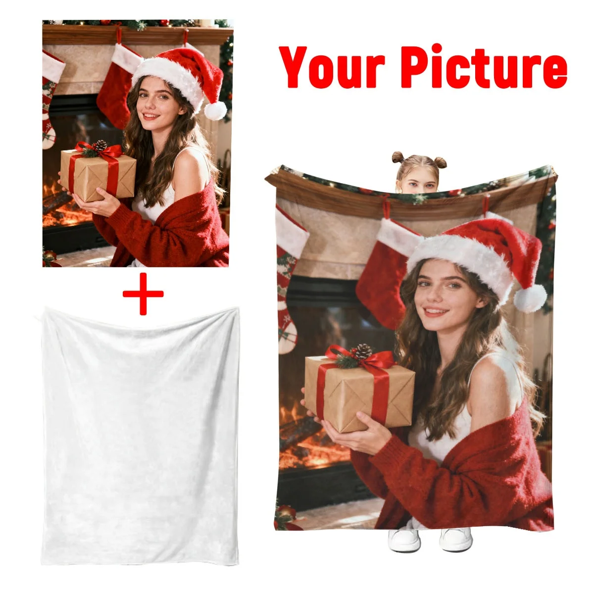 Customized DIY Personalized Photo Blanket for Christmas, Gift for Loved Ones, Flannel Blanket - Custom Warm Family Photo + Christmas Elements, Soft, Warm, Non-Shedding, Suitable for Sofa, Bed, Office, Car - All-Season Christmas Exclusive Gift for Men and Women