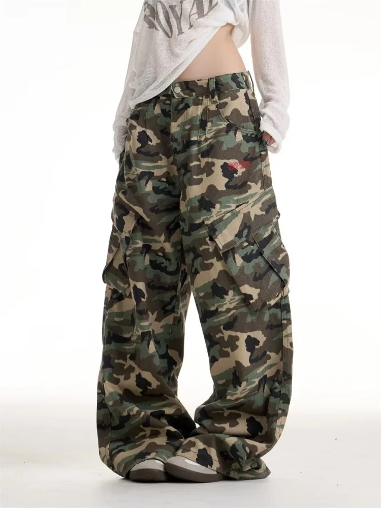 

2025 г. Американский ретро стиль Y2K, потертые камуфляжные мешковатые женские джинсы-карго, брюки для женской одежды, широкие хлопковые длинные брюки