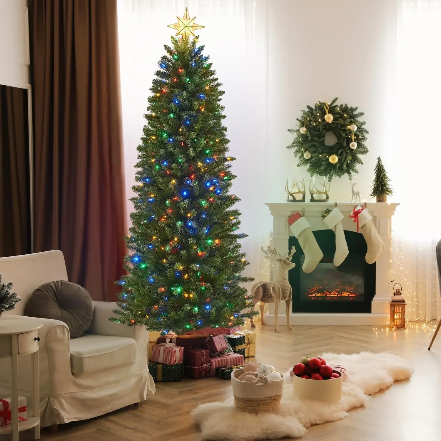 

7ft Slim Pre-Lit Christmas Tree, Pine Pencil Artificial Christmas Tree with 350 Color Changing LED Lights & 949 PVC Tips