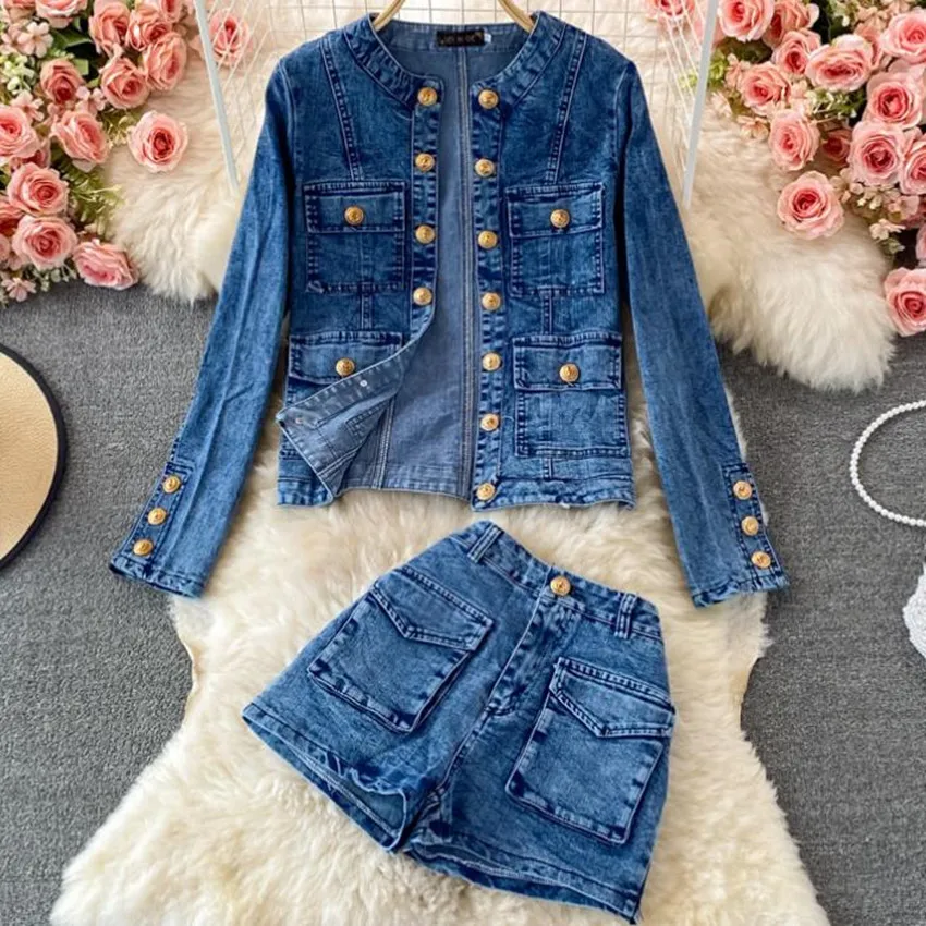 New arrival autumn fashion double breasted denim jacket+high waist denim shorts women two piece sets