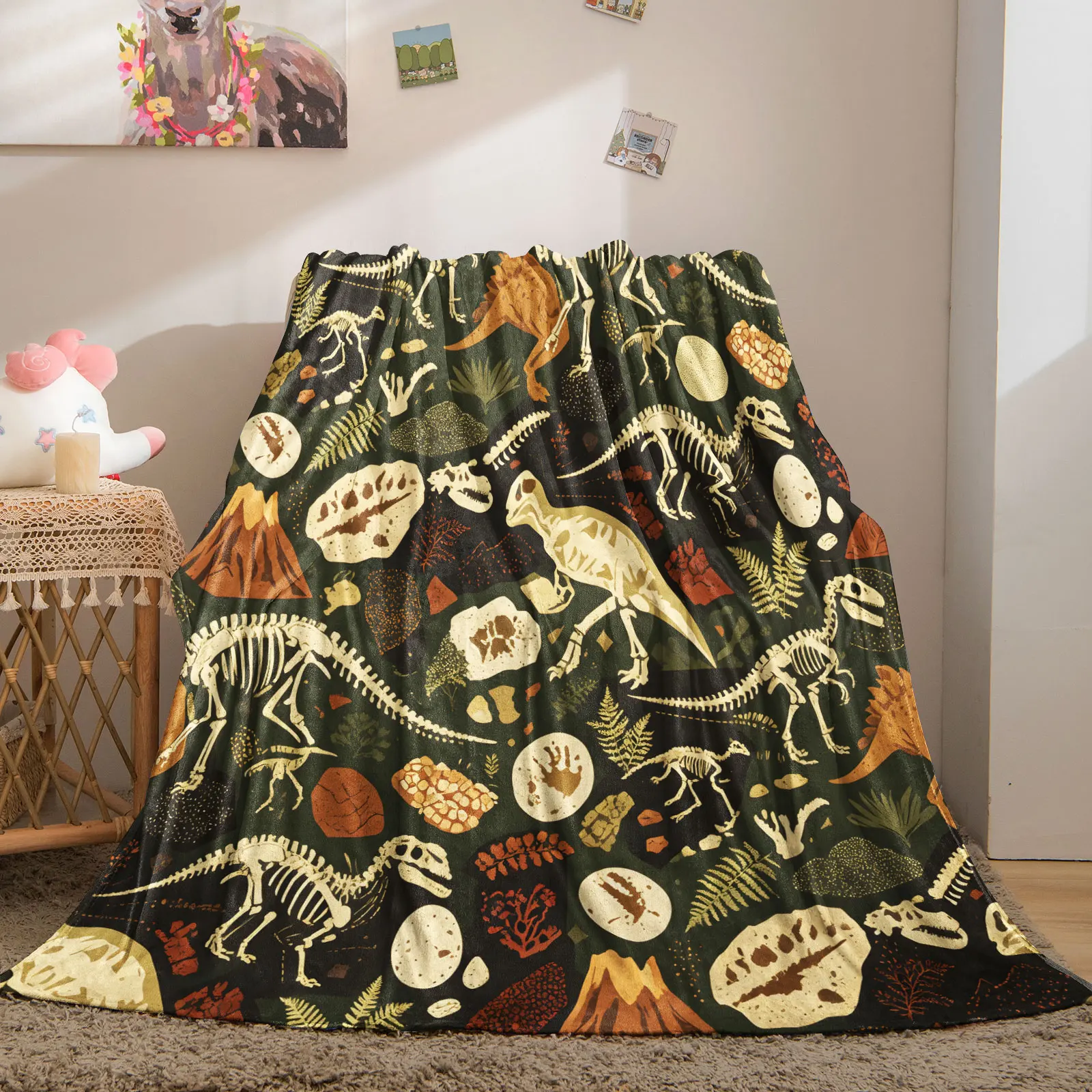 Vintage Dinosaur Skeleton Fossil Blanket Prehistoric Dino Bone Pattern Flannel Blanket Warm Cozy Throw for Couch Bed Outdoor