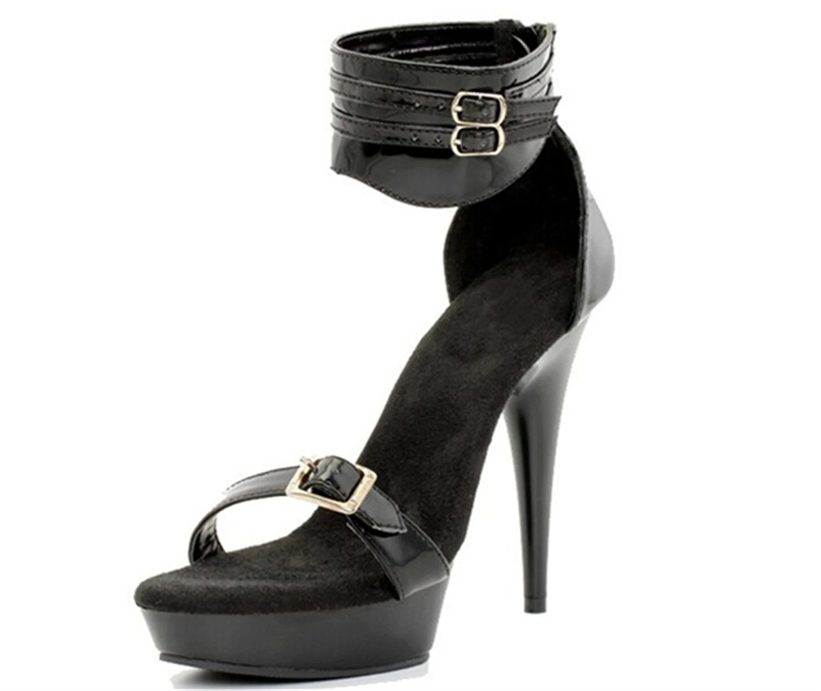 women's-glossy-black-heels-13cm-thin-platform-ankle-instep-strap-sandals-club-night-gold-buckle-party-shoes