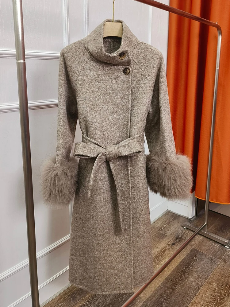 2024 Women Autumn Natural Real Fox Fur Long Woolen Jacket Coat Female Slim Woolen Coat