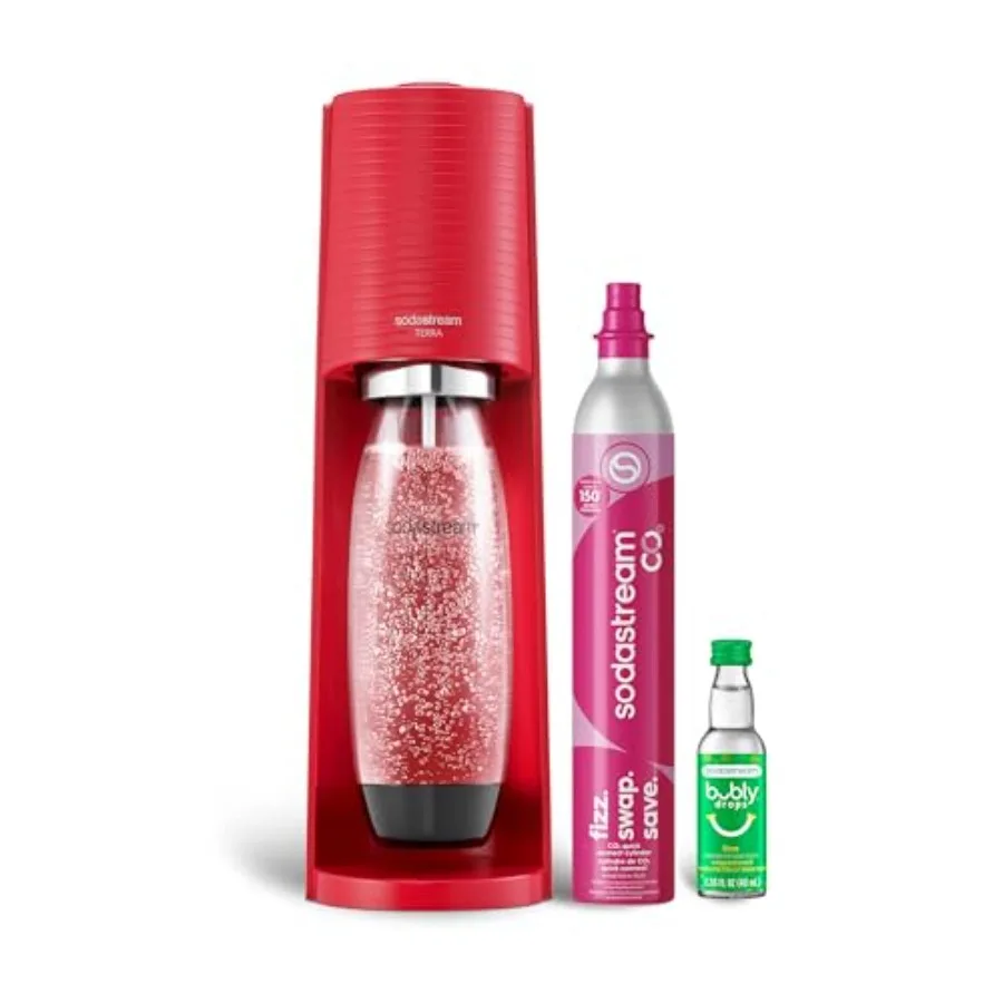 

Terra Sparkling Water Maker Red CO2 Dishwasher Safe Bottle Bubly Drop for Home Use Stainless Steel Carbonation System with Colo