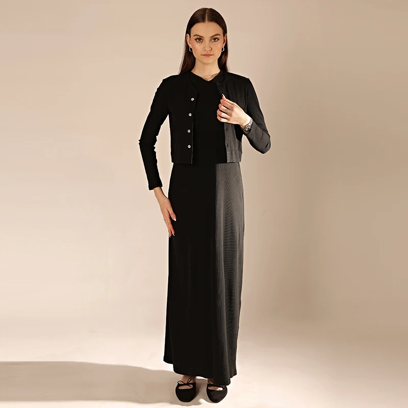 Abito maxi senza maniche e cardigan da donna, completo casual bianco e nero, camicia cardigan, abbigliamento a costine per adolescenti, taglie XS-3XL